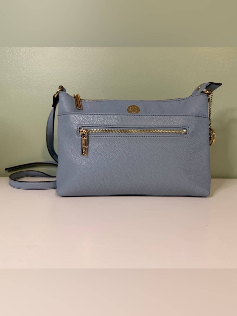 Anne Klein Light Blue Pebbled Leather Crossbody with Gold Hardware